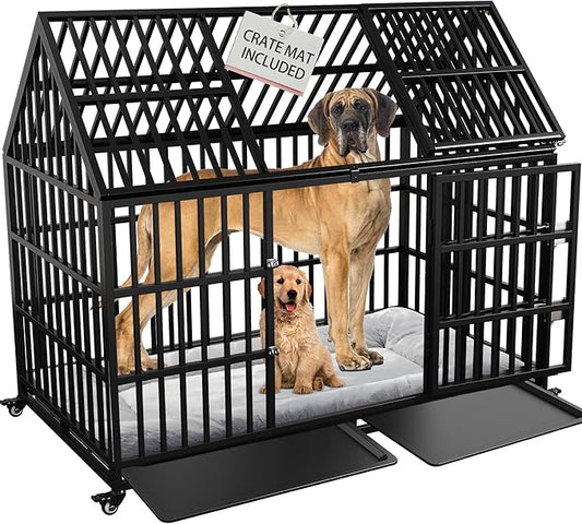 Heavy Duty Dog Crate 54 inch with Mat XL Large Pet Dog Cage Crate Kennel with Roof Top 2 Doors Removable Trays, Lockable Wheels Escape-Proof for High Anxiety Dogs (Black, 54 inch)