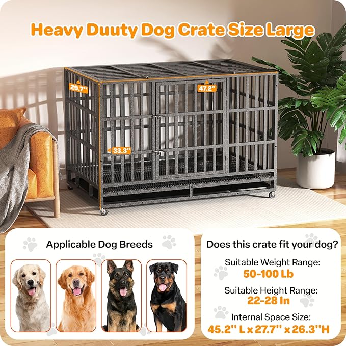 Heavy Duty Dog Crate 48 Inch, Indestructible Dog Crate with Removable Tray, Escape Proof & High Anxiety Dog Kennel Indoor, Metal Dog Cage with Wheels for Large Dogs, XL XXL XXXL