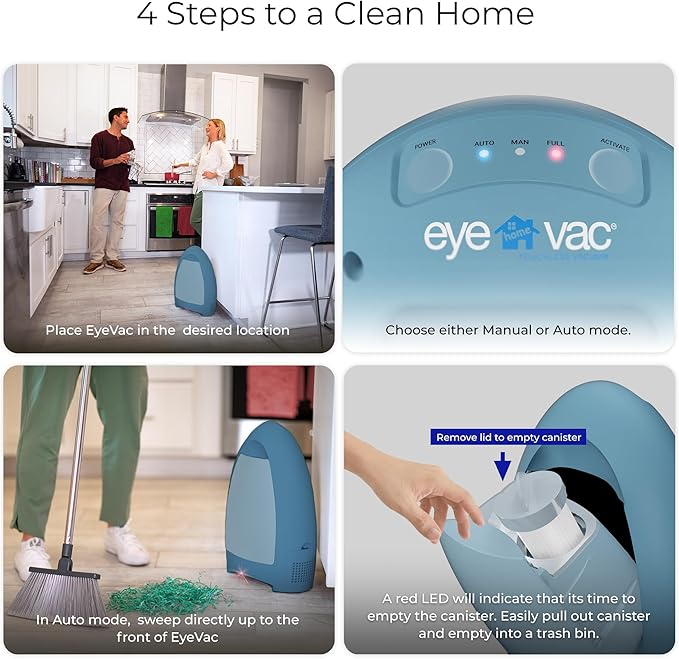 EyeVac Home Touchless Vacuum Automatic Dustpan - Great for Sweeping Pet Hair Food Dirt Kitchen - Fast & Powerful, No More Bending Down, Bagless, Corded, 1000 Watt (Serene Blue - Limited Edition)
