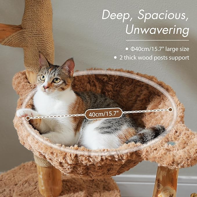 PAWZ Road Cat Tree for Indoor Cats Large Adults, 59 Inches Modern Cat Tower with 3 Large Baskets, Natural Solid Wood, Luxury Condo and Hammock, Modern Furniture for Big Cats, Brown