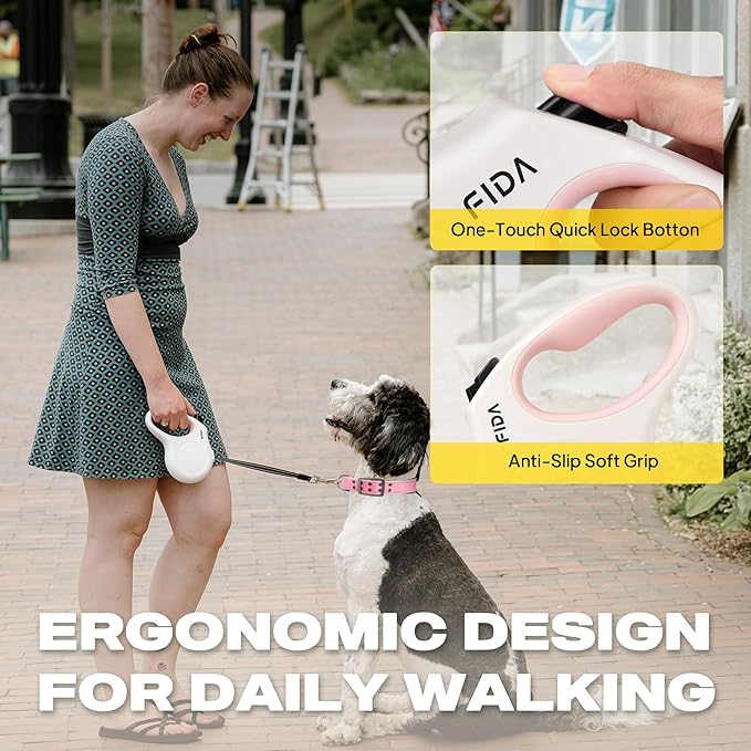 Fida Retractable Dog Leash Large Breed, Heavy Duty 16 ft Dog Walking Leash for Large Dogs up to 110 lbs, 360° Tangle Free, White