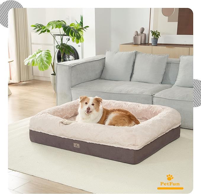Giant Memory Foam Human Dog Bed for Adults People Fits Pet Families Extra Large Orthopedic Dog Beds with Sides, Washable Bolster Pet Bed Couch with Removable Cover, 70x50x13 Inch, Khaki