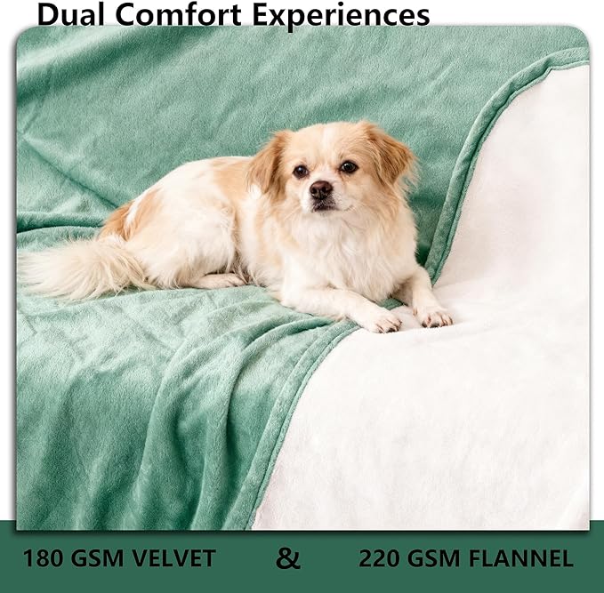 Waterproof Blanket for Bed King Size, Leak Proof Dog Couch Blankets Reversible, Pet Throw Sofa Furniture Protector Machine Washable-82 x108,Green+Cream