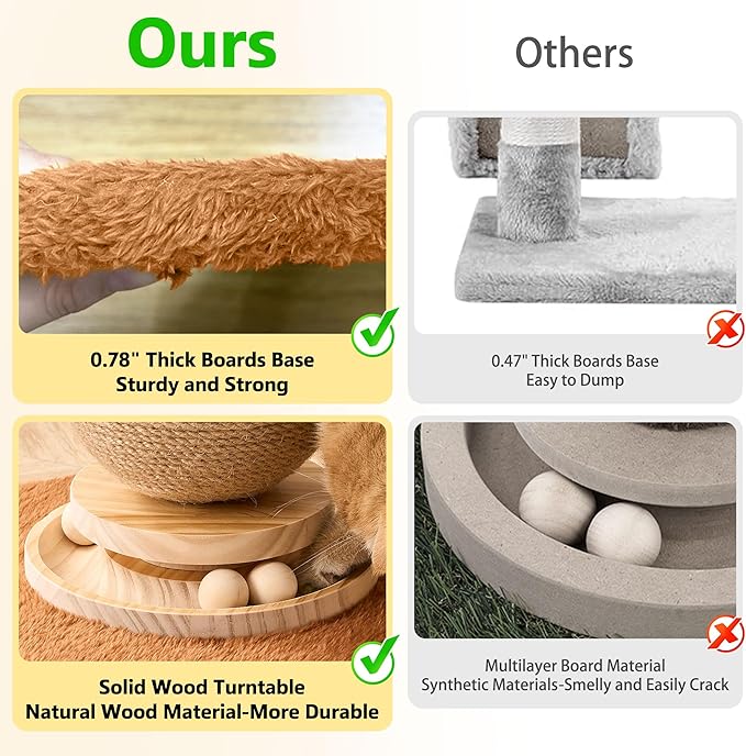 Mushroom Cat Scratching Post Cat Tree, 21.5‘’ H Cute Cat Scratcher Tower with Durable Solid Wood Turntable Toy, Acorn Brown Mushroom Scratch Post Cat Sisal Scratcher with Catnip for Indoor Cats