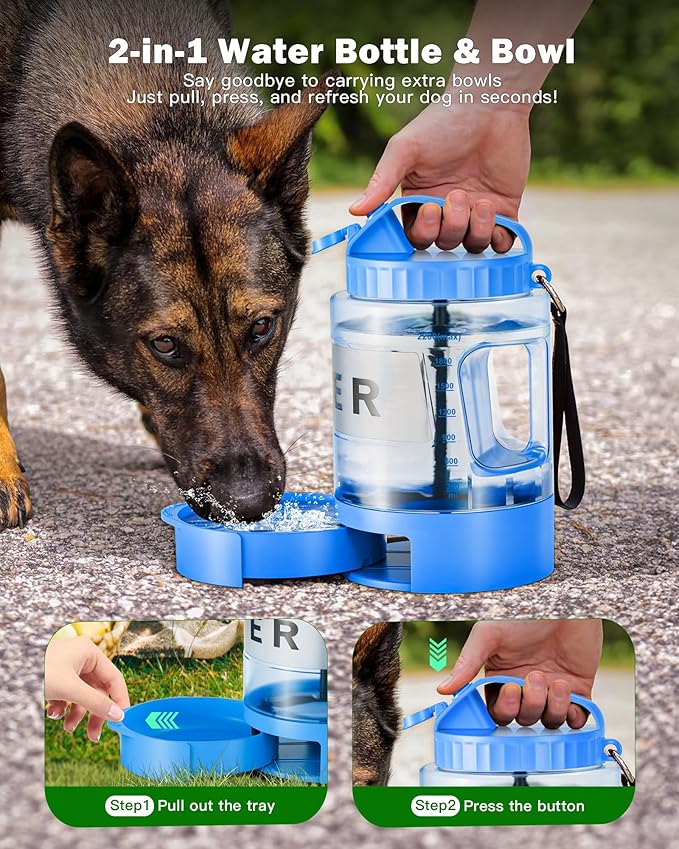 Large Dog Water Bottle Portable Bowl - 77oz Dog Travel Water Dispenser with Pull Out Bowl, Ideal for Hiking, Camping, Parks, Leak-Proof BPA-Free Outdoor Pet Bottle for Large Pets, Blue