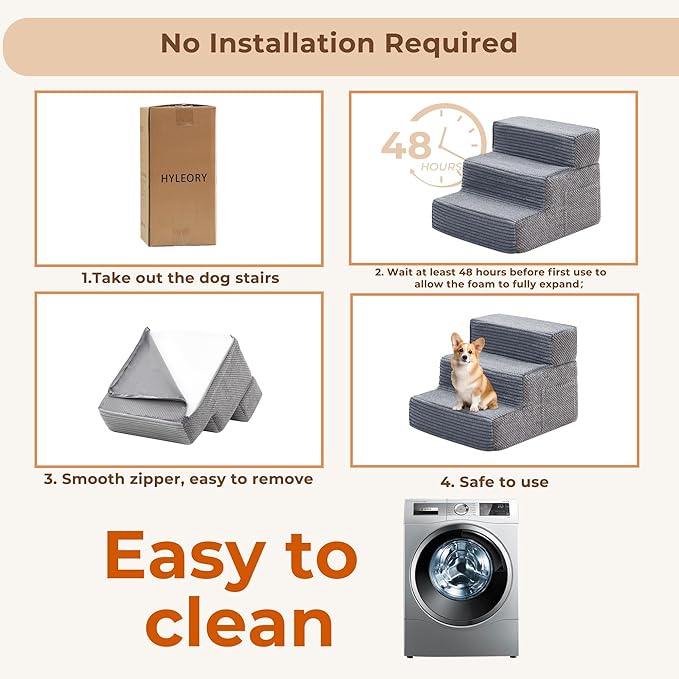 HYLEORY Dog Stairs for Bed 13.5''H, 3-Step Pet Stairs for Small Dogs Cats, Sturdy Pet Steps with Non-Slip Bottom, Functional Portable Dog Ramp for Couch/Chair/Sofa/Car, Storage Pocket, Grey-Light Grey