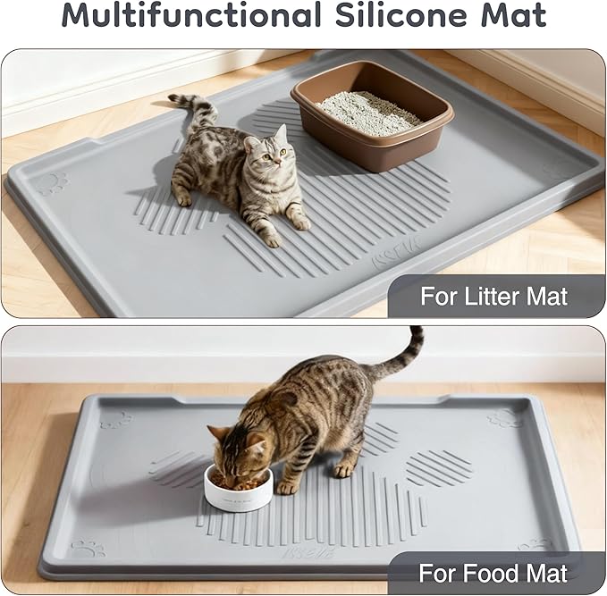 ISSEVE Cat Litter Mat 40" x 28" XL, Extra Large Silicone Mat for Litter Box, 1.38" Raised Edge Urine Waterproof Litter Trapping Mat Pad for Scatter Control, Soft on Kitty Paws, Protect Floor (Grey)