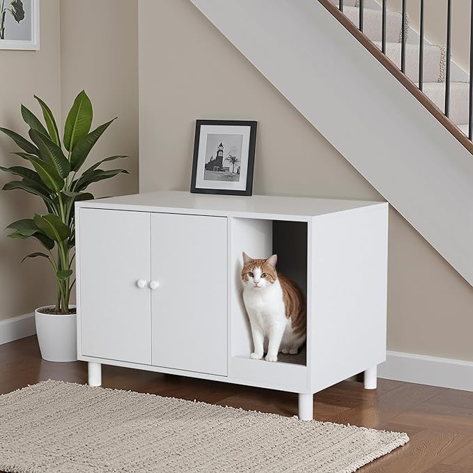 WARCAT Cat Litter Box Enclosure, Modern Hidden Litter Box Enclosure Furniture, Hidden Washroom with Scratch Pad, Barn Door Design, Indoor Cat House & End Table (White)