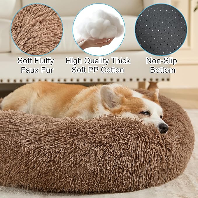 Dog Calming Beds for Small Medium Large Dogs - Round Donut Washable Dog Bed, Anti-Slip Faux Fur Fluffy Donut Cuddler Anxiety Cat Bed(24" Khaki