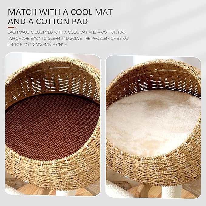 Modern Cat Tree, 30 Inch Wood Cat Tree Tower with Hand-Woven Basket Nest, Sisal Staircase and Scratch Toys, Heavy-Duty Multi-Level Indoor Tower