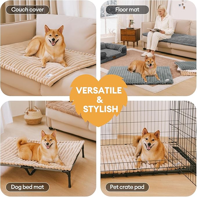 FUNNY FUZZY Self Warming Dog Bed, Waterproof Corduroy Fleece Warm Self Heating Pad for Cat & Dogs, Non-Skid Thermal Pet Mat Indoor with Removable Washable Cover - ThermoPad, 39.4"×29.5", Cream White