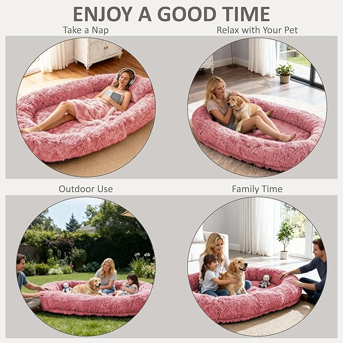 71" Human Dog Bed for Adult, Giant Orthopedic Memory Foam Dog Sofa Bed, Large Oversize Washable Faux Fur Pet Couch with Plump Pillow, Blanket, Strap - Pink