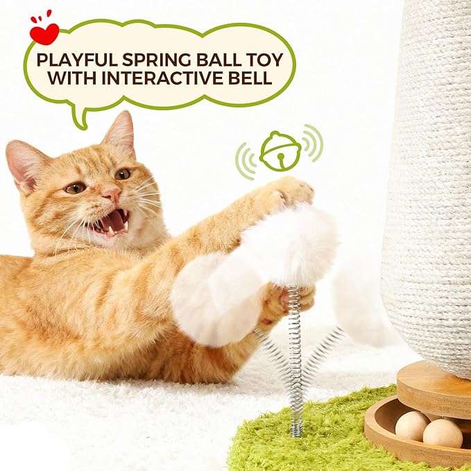 Cat Scratching Post for Indoor Cats,Cat Toys Scratcher Sisal Cat Scratch Posts for Kittens Adults with Interactive Track Ball & Spring Toy