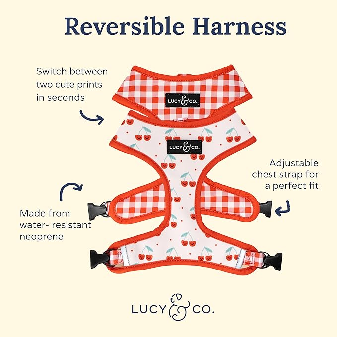 Lucy & Co. Cheery Cherries, Cute Reversible Dog Harness Walking Halter - Best Designer Pet Harnesses for XS - XL Dogs - Padded Adjustable Vest for Easy Walking (Small)