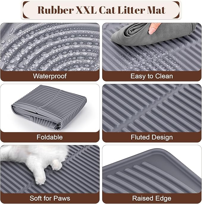Rubber XXL Cat Litter Mat, 47" x 35" Waterproof Urine Proof Cat Litter Trapping Mat, Easy Clean Litter Box Mat and Anti-Slip Kitty Litter Catcher Mat, Grey