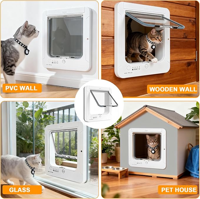 Smart Cat Door for Interior & Exterior, RFID Cat Pet Door with 3 Collar Sensor Keys & 1 Remote Control & 4 Way Locking Cat Flap with Collar Sensors Activated Opening CatDoor (White)