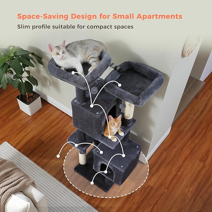 Cat Tree, 52.4 Inch Multi-Level Cat Tower for Indoor Cats with Dual Padded Top Perches, 2 Condos & Scratching Posts, Plush Cat Furniture for Kittens and Medium Cats, Dark Grey