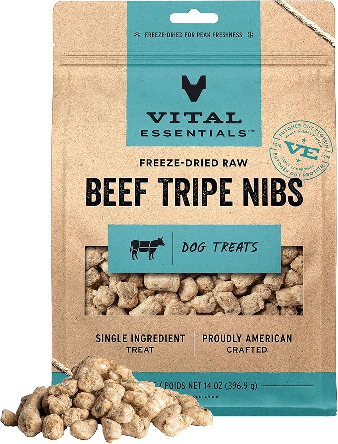 Vital Essentials Beef Tripe Nibs Dog Treats, 14 oz | Freeze-Dried Raw | Single Protein | Premium Quality High Protein Training Treats | Grain Free, Gluten Free, Filler Free