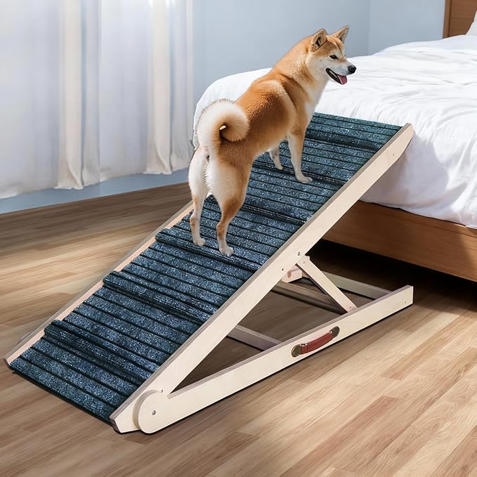 ZJSF Dog Ramp for Bed,Foldable Wooden Portable Non-Slip Dog Ramp for Couch,Small to Large Pet Ramp for Cars,Stairs with High Traction Mat,6 Adjustable Height from 13.5" to 30",Supports up to 230lbs