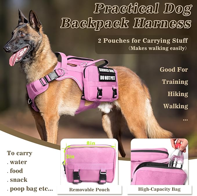 Service Dog Vest with Pockets,Medium Dog Harness and Removable Backpack for Training Hiking,Pet Vest with Handle&Molle System for Patches,Pink M