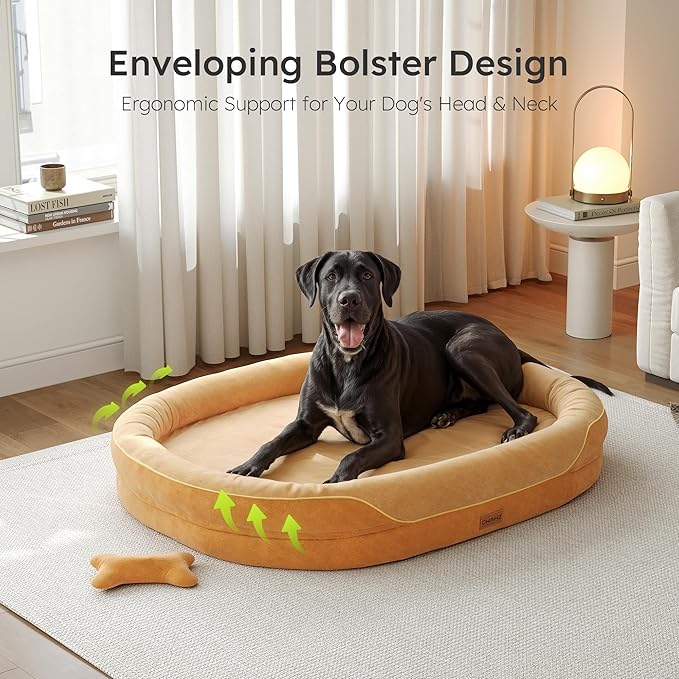 XXL Orthopedic Dog Bed, 53 in. Dog Bed for Large Sized Dogs with Full-Surround Bolsters, Dual-Sided Dog Cooling Beds with Memory Foam, Washable Pet Sofa Couch with Nonslip Bottom, Brown