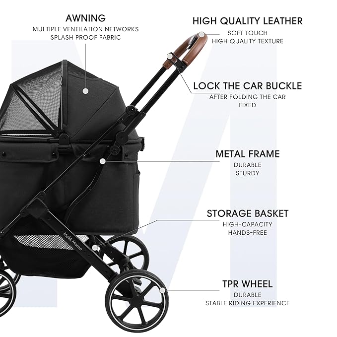 pet Stroller, Suitable for Small and Medium-Sized Dogs, Advanced Four-Wheel Suspension, Detachable Handbag, Lightweight Aluminum Frame, one Click Folding, Suitable for Outdoor Travel - Black