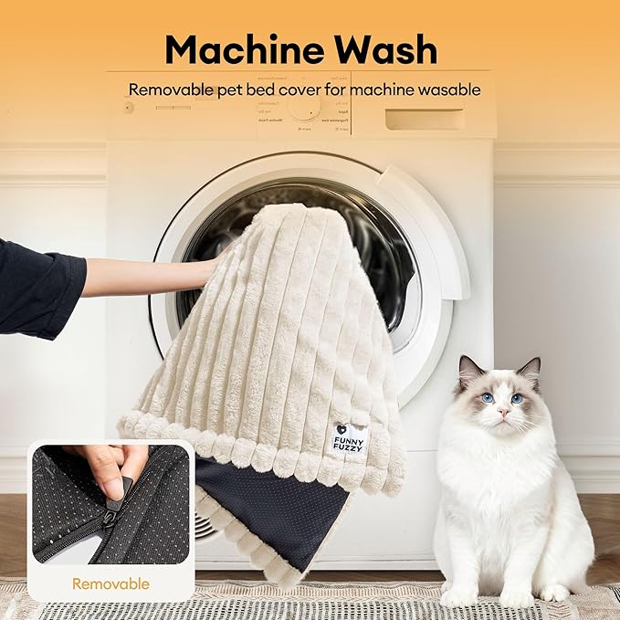 FUNNY FUZZY Self Warming Dog Bed, Waterproof Corduroy Fleece Warm Self Heating Pad for Cat & Dogs, Non-Skid Thermal Pet Mat Indoor with Removable Washable Cover - ThermoPad, 39.4"×29.5", Cream White