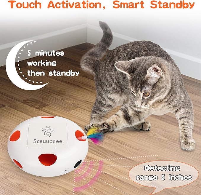 Interactive Cat Toy, Electric Cat Toys for Moving Concealed Feathers, Smart Sensor 7 Holes Whack a Mole Feather Toy, USB Charge Automatic Kitten Christmas Toys,White