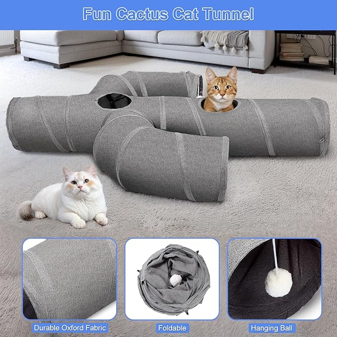 Ownpets Cat Tunnel Large 12 inch Diameter Sturdy Oxford Fabric Cat Tunnel Toy, Cactus Shape Collapsible Cat Tunnels for Indoor Cats,Interactive Peek Hole Pet Tunnel Tube with Cat Wand Toy