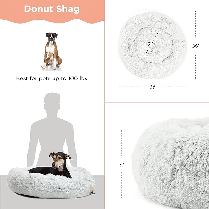 Best Friends by Sheri The Original Calming Donut Dog Bed – Washable Plush Pet Bed for Large Breeds up to 100 lbs, Shag Faux Fur, Frost Gray, Large (36" x 36")