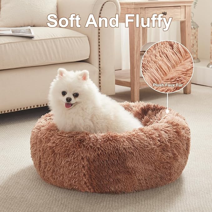 23 inches Donut Dog Bed for Small Dogs - Calming Washable Round Puppy Bed with Removable Cover, Fluffy Plush Pet Bed for Cats & Dogs, Fits up to 25 lbs Pets (Tie-dye Brown,Small)