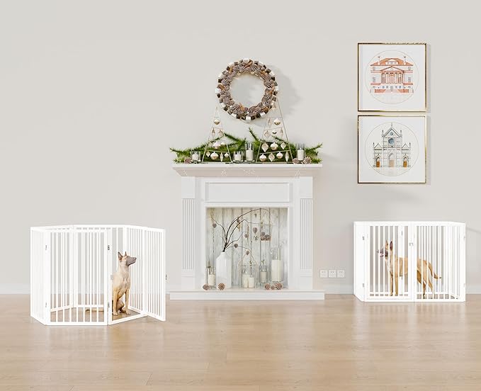 Vantas Folding No-Assembly Metal Pet Gate 120" Wide, 24" Extra Tall Dog Gate with Door Walk Through, Freestanding Accordion Puppy Gate Dog Door for Indoor & Outdoor, with 2PCS Support - White