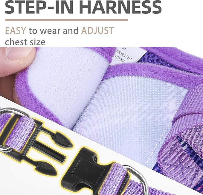 PUPTECK Dog Harness and Leash Set for Small Medium Dogs No Pull Step-in Soft Mesh Puppy Cat Vest Harnesses Reflective at Night, Plaid Pattern Purple S