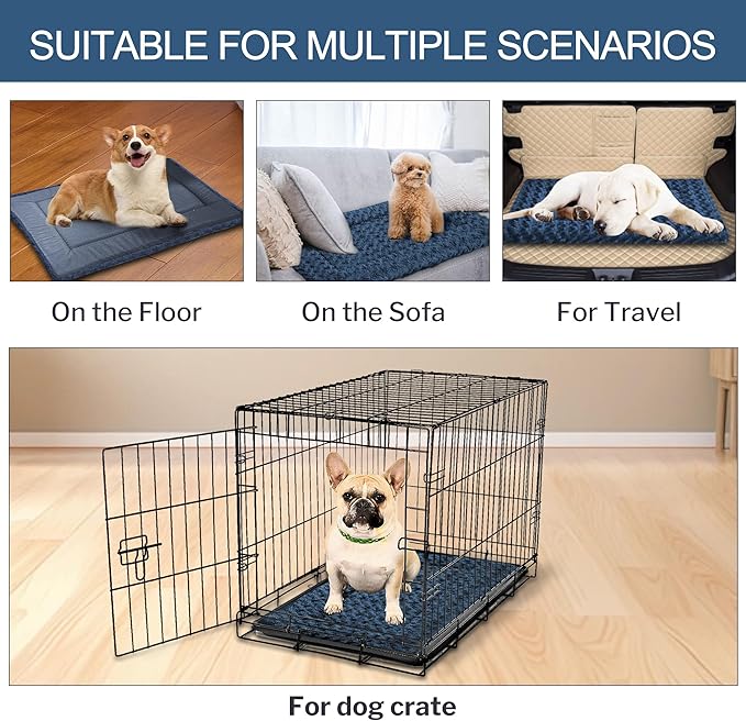 Washable Dog Bed Plush Orthopedic Outdoor Crate Mat with Non-Slip Bottom,Luxe Soft Kennel Pad for Pets, Cozy Cage Cushion & Pet Sleeping Mattress Large Sized,Medium,Small Dogs,36 x 24 inch,Blue