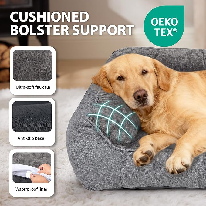 Orthopedic Dog Bed for Large Dogs - Waterproof Memory Foam Dog Couch Bed with Sides, Pet Beds with Washable Cover & Non-Slip Bottom, Grey, 38x28 Inch