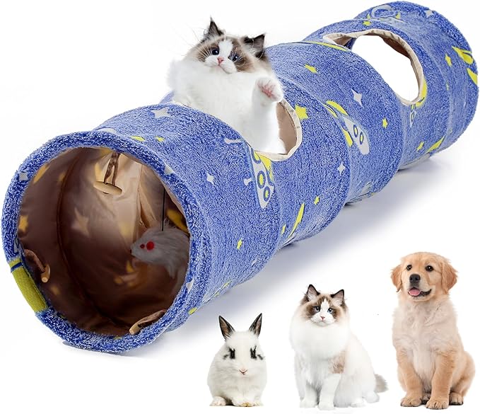Glowing Astronaut Pattern Cat Tunnel - Collapsible with Plush Balls, Ideal for Indoor Cats, Rabbits, Kittens, Ferrets & Puppies (Blue)