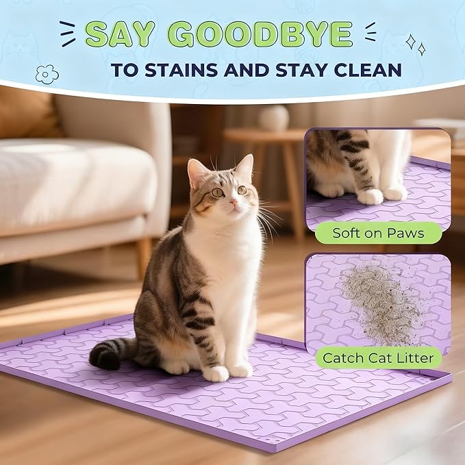 Silicone Cat Litter Mat for Litter Box - 34" X 22"/24" X 15" Waterproof Urine - Proof Mat, Non - Slip Trapping Pad to Keep Floor Clean, Easy to Clean Cat Floor Mat（light purple）