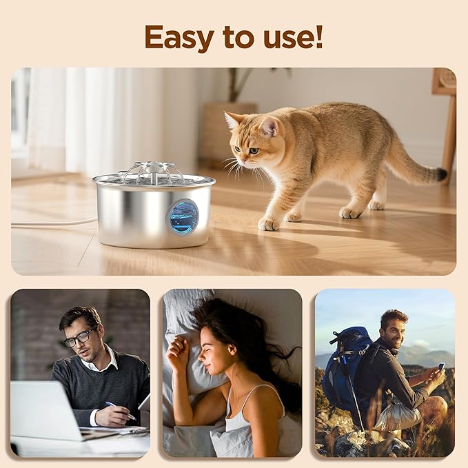 Cat Water Fountain Stainless Steel - 88oz/2.6L Pet Drinking Fountain for Cats Indoor with 8 Filters - Automatic Cat Watering Dispenser Bowl with Water Level Window - Quiet for Cats & Dogs Owners