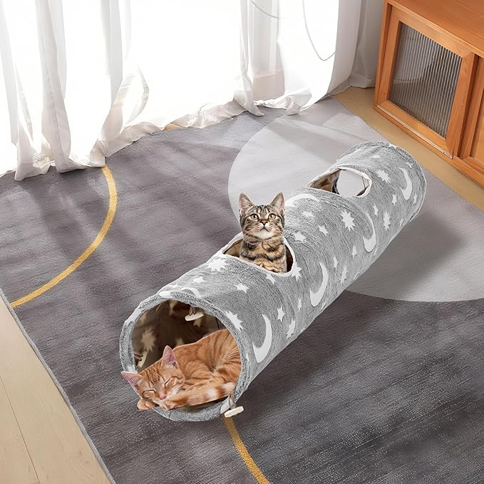 Cat Tunnels for Indoor Cats with Plush Toys Glows in The Dark Dog Cat Tunnel Tube Toys Photoluminescent for Indoor Cats Small Dogs Puppy Kitten Rabbit Bunny Ferret Pet Gray