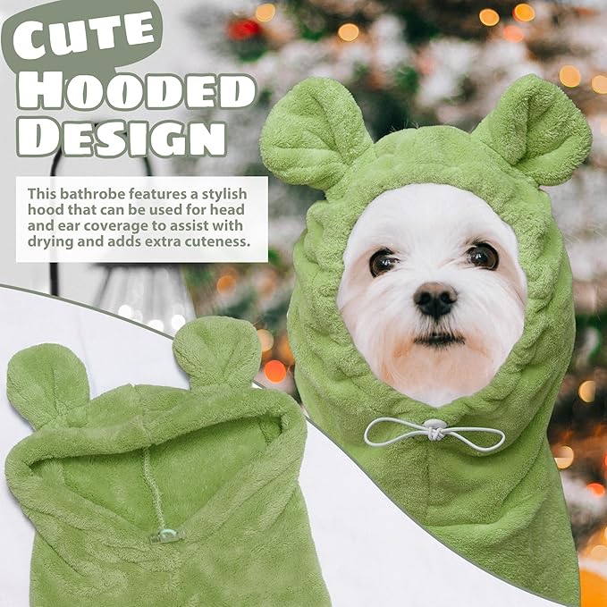 Dog Bathrobe Super Absorbent Towel Robe - Microfiber Bath Towels Fast Drying Coat for Dogs, Cute Dogs Clothes Adjustable Collar & Belly Strap Warm Keeping Hooded Dog Towel (Olive Green, X-Large)