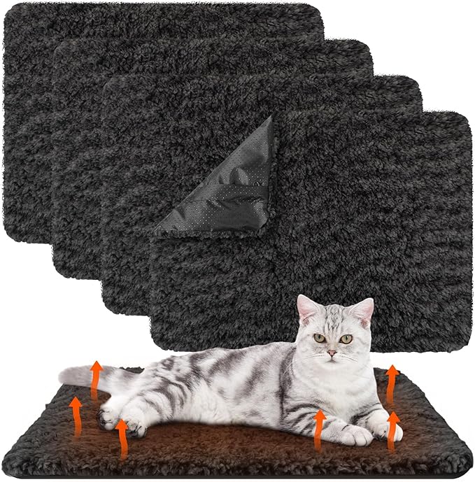 4 Pack Self Warming Cat Pads Self Heating Cat Mat Washable Homeless Dogs Thermal Pads Kennel Pad Reflects Body Heat Warm Crate Bed Mat for Indoor Outdoor Pet(Black,16 x 20 Inch)