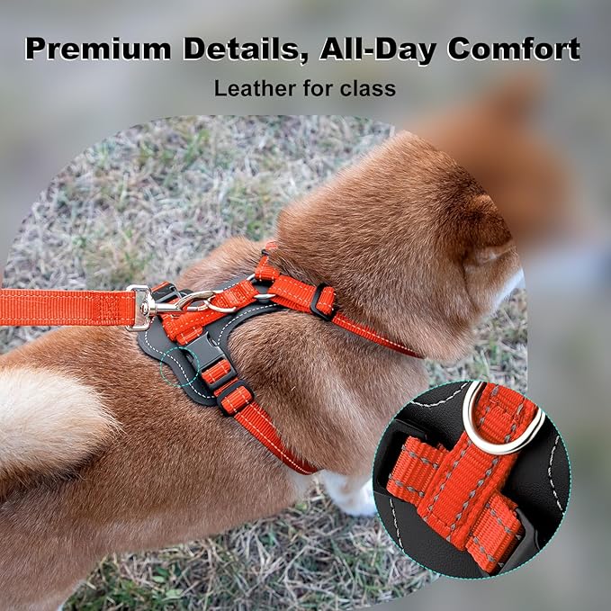 Plutus Pet Adjustable No Pull Dog Harness with Leather Accents, Heavy Duty Reflective Nylon Vest for Training, Hiking, Easy Walk Harness for Small, Medium, Large Dogs (Orange, S)