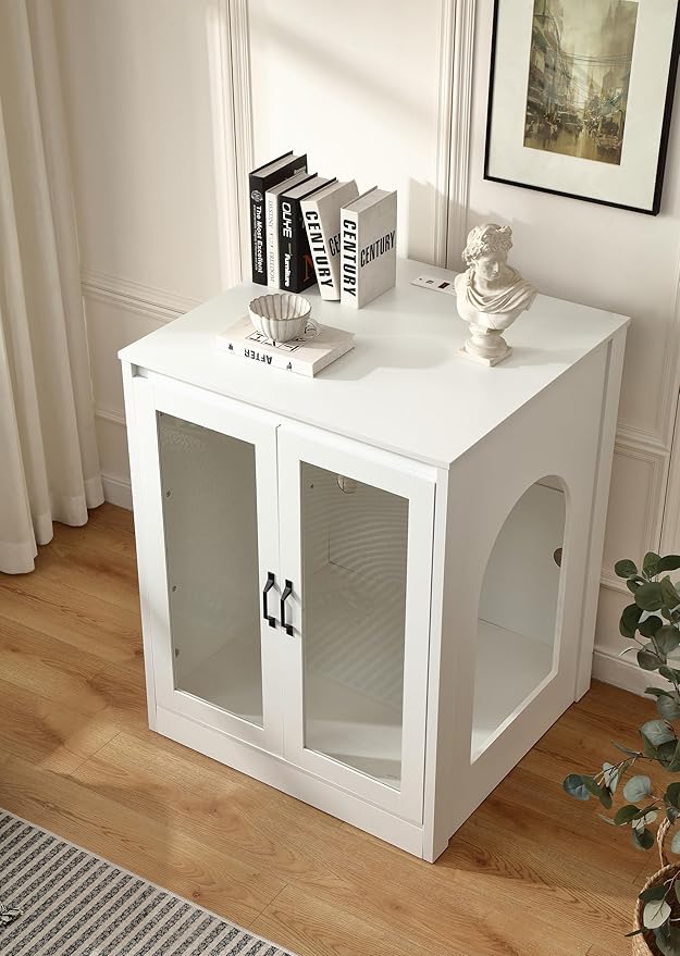 Cat Litter Enclosure with Cat-Observant Glass Doors,Litter Box Cabinet with Cozy LED for Cats,Reversible and Optional Entry(Left or Right),Power Outlet for More Choice, (White)