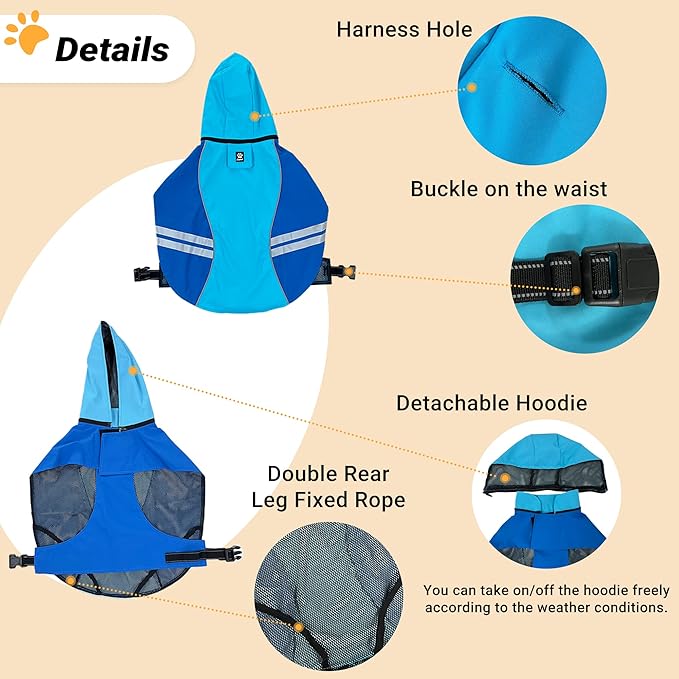 Dog Raincoat for Medium Large Extra Large Dogs, Waterproof Rain Jacket with Reflective Strap, Lightweight Hoodies Full-Body Coverage Dry Clothes (M, Blue)