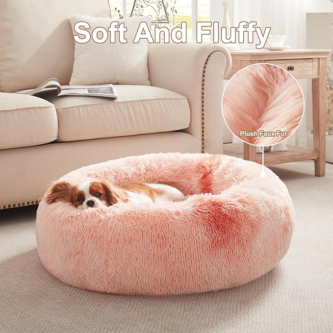 30 inches Donut Dog Bed for Medium Dogs,Calming Fluffy Round Pet Bed with Removable & Washable Cover,Fits up to 45 lbs Pets(Tie-dye Pink,Medium)