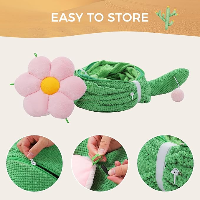 PEQULTI Cat Tunnel, Cactus Cat Tunnel with Flower Bed for Indoor Cats, Cat Donut Tunnel, Round Tube Toys Cute Tube for Kittens, Puppies, Rabbits and Ferrets, Green