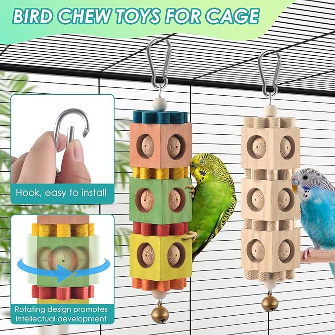 2Pcs Bird Chew Toys for Beak Grinding, Hanging Rotating Wood Block with Bell Parrot Foraging Enrichment Toy for Small to Medium Cocktiel, Conure, Caique
