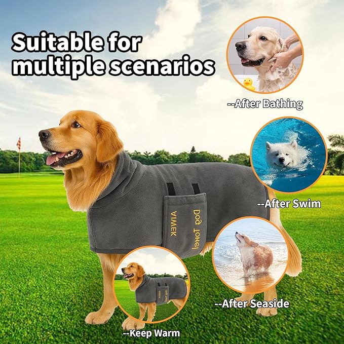 Dog Towel Dog Bathrobe, Microfiber Super Absorbent Pet, Quick Drying Robe for After Bath, Adjustable Collar & Belly Strap Pet Cat Bath Robe Towel Grey-M