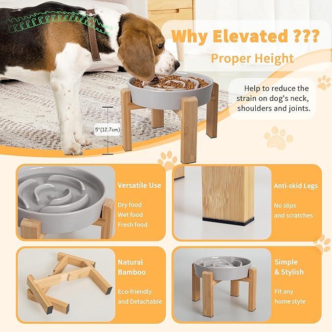 Elevated Slow Feeder Dog Bowl - Puzzle Maze Dish with Bamboo Stand - Raised Ceramic Food Bowl for Medium and Large Dogs - Grey - 8.8 inch