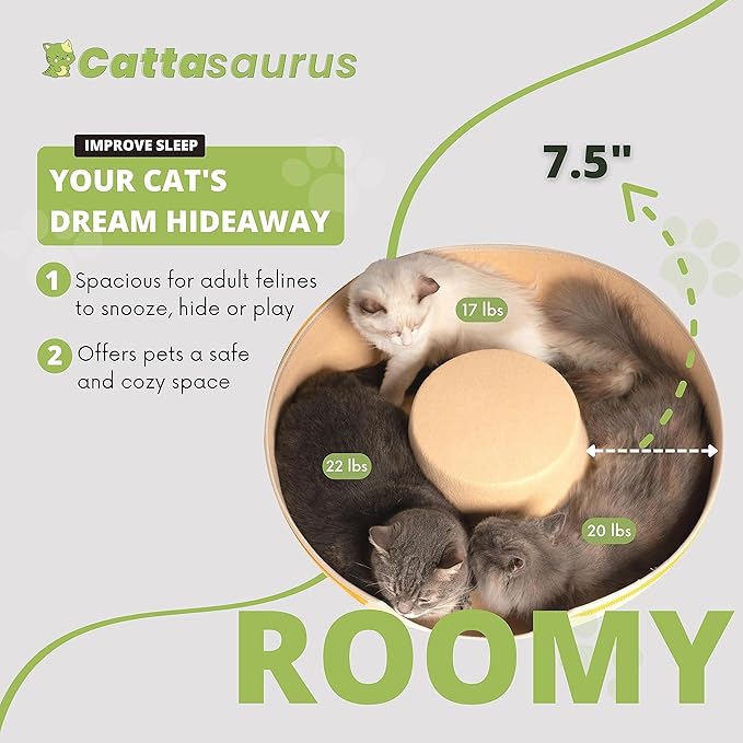 Cattasaurus Peekaboo Cat Cave Donut for Multiple & Large Cats up to 30-45 lbs, 3-in-1 Self Warming Cat Bed, Tunnel & Scratcher for Indoor Cats, Washable & Detachable Dog Bed (Pastel Macaron, Large)